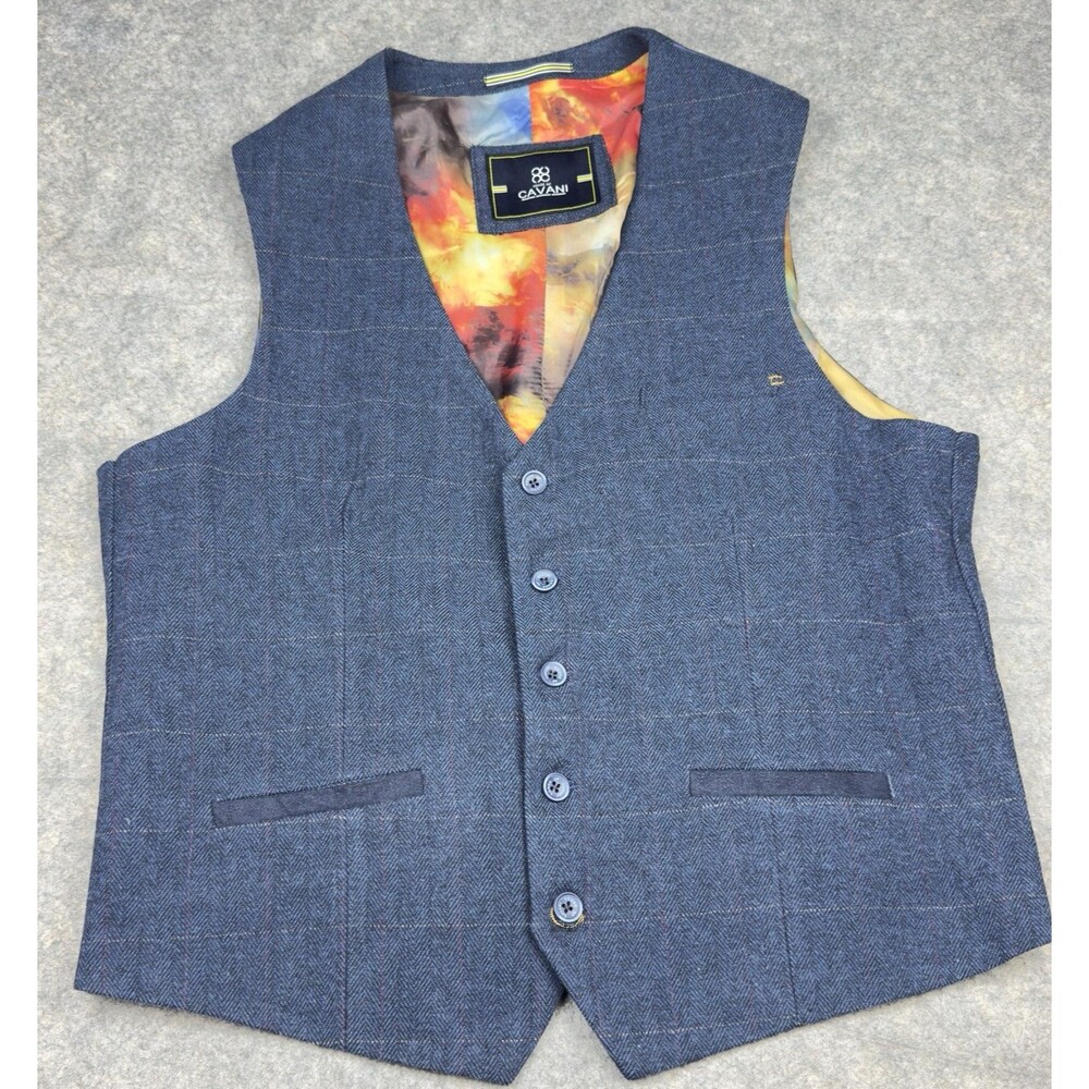 House of Cavani Tweed Waistcoat Vest 56S Cavani Men's Navy Houndstooth